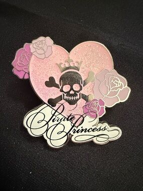 Disney Pink Glitter Skull & Roses Heart Pin